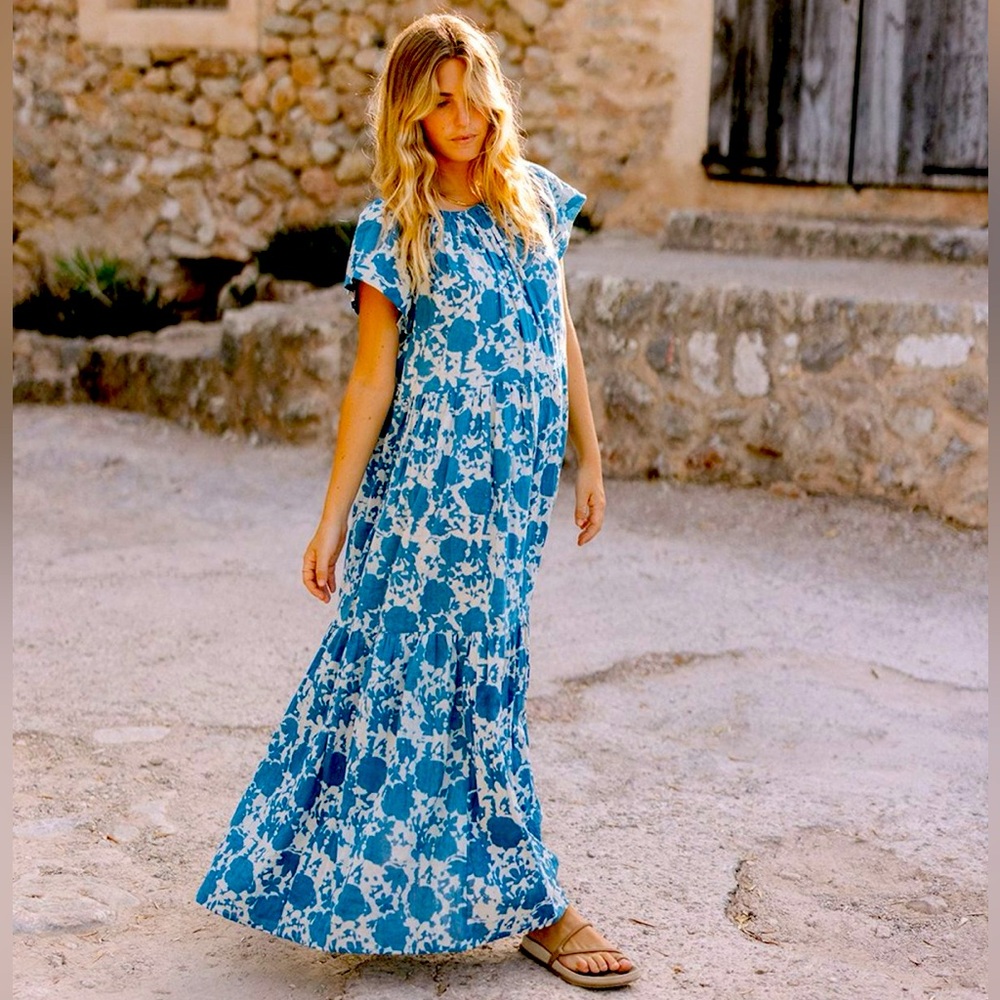 Mirth Vienna Maxi Caftan Dress in Indigo Bloom